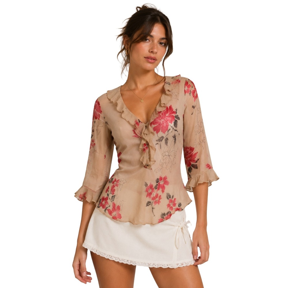 Y2K Euro Floral Beaded 100% Silk Ruffle Sheer Top Vision Apparel Tan Red Medium